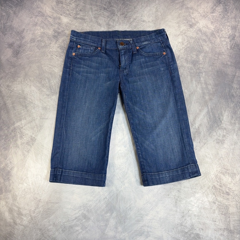 7 For All Mankind Dojo Short Womens 26 Blue Denim Bermuda Stretch Embroidered